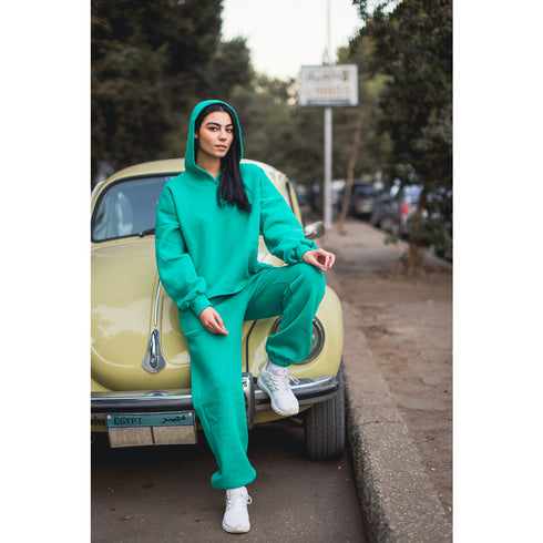 Women cropped hoodie set Green